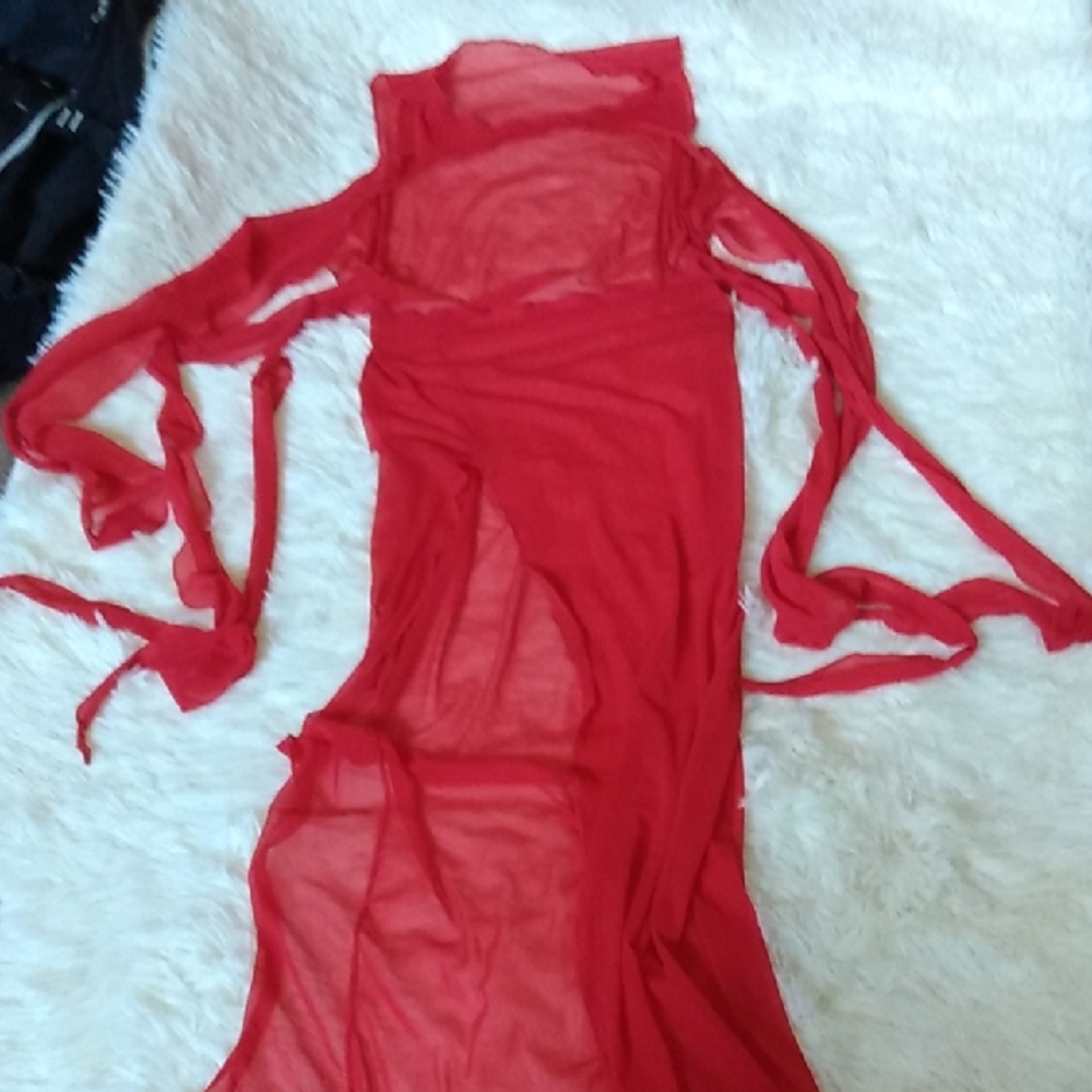 Red Sheer Long Dress with Draped Sleeves